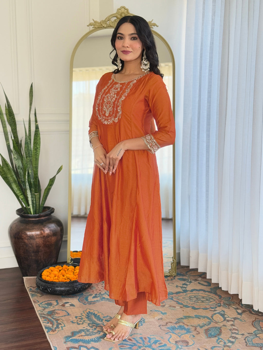 Women’s Embroidered Vichitra Silk Kurta Set in Orange with Pant & Organza Dupatta