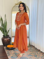 Women’s Embroidered Vichitra Silk Kurta Set in Orange with Pant & Organza Dupatta