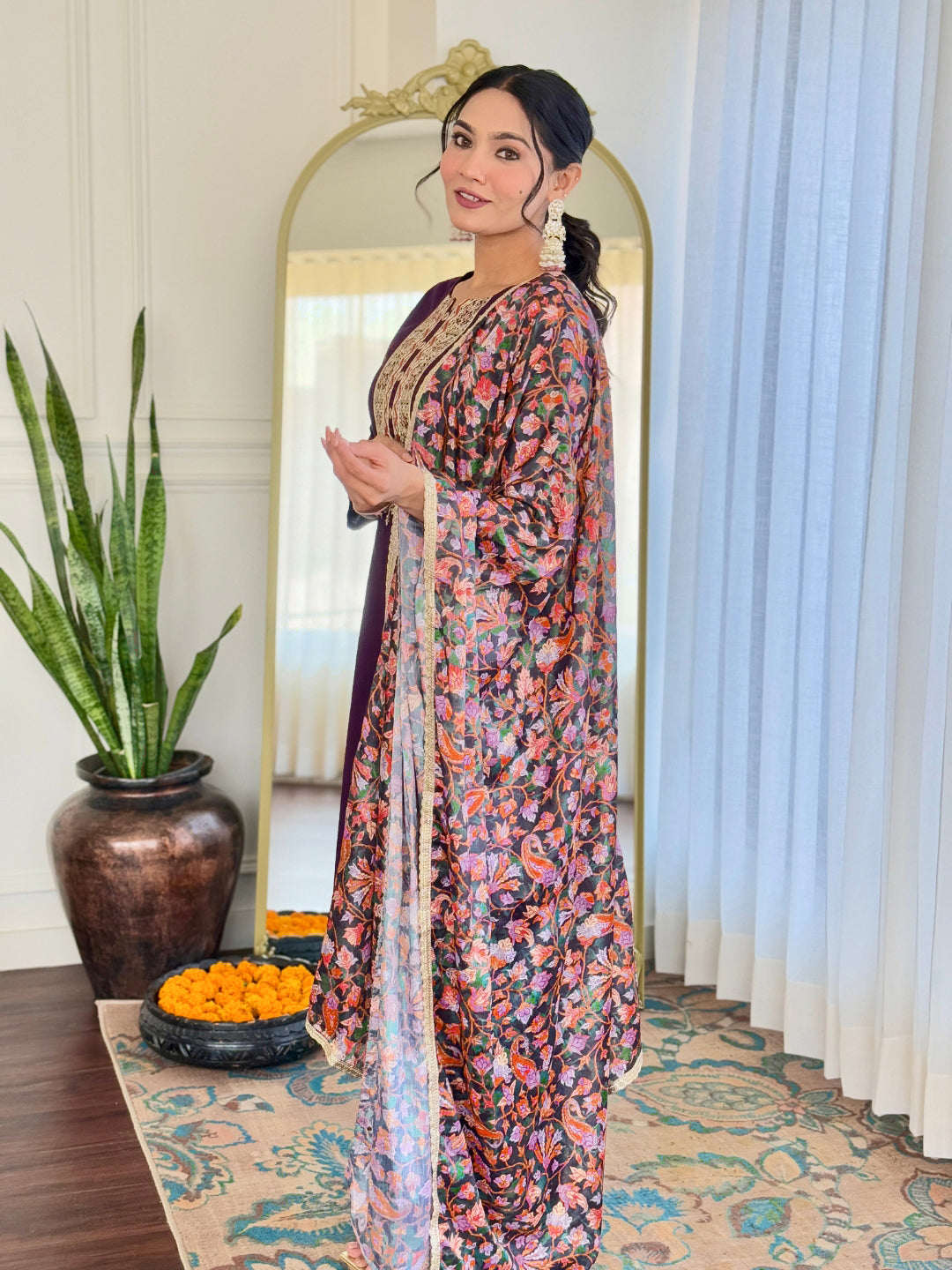 Women’s Purple Rayon Embroidered Straight Kurta Set with Pant & Silk Chiffon Embroidered Lace Dupatta