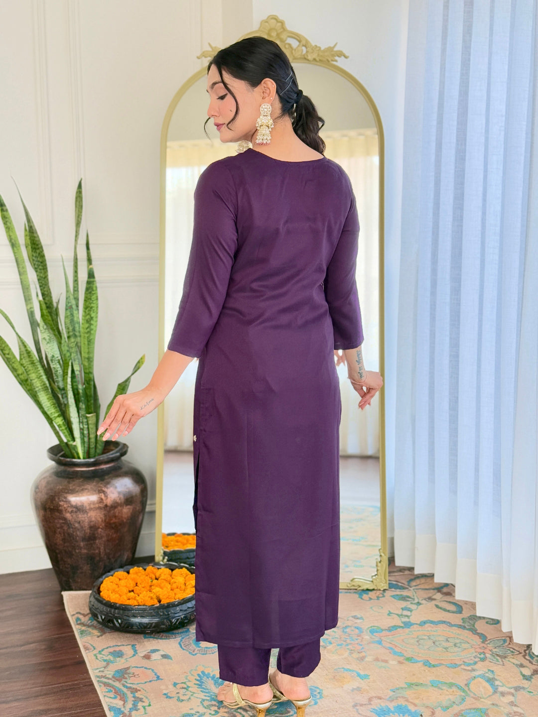 Women’s Purple Rayon Embroidered Straight Kurta Set with Pant & Silk Chiffon Embroidered Lace Dupatta