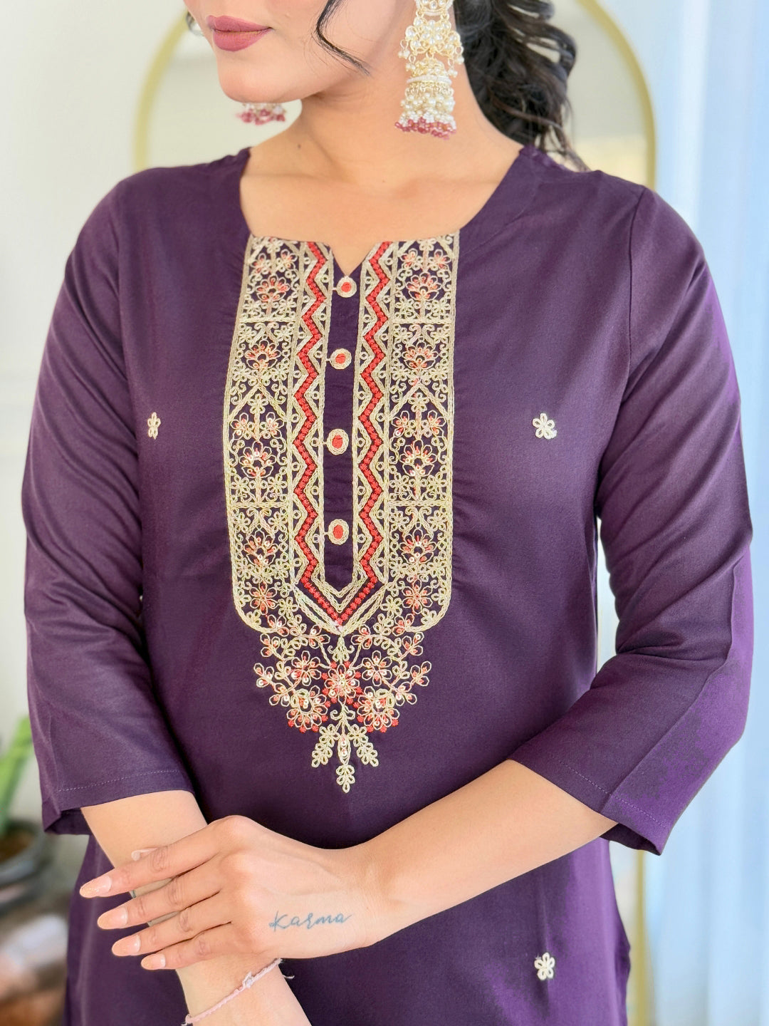 Women’s Purple Rayon Embroidered Straight Kurta Set with Pant & Silk Chiffon Embroidered Lace Dupatta