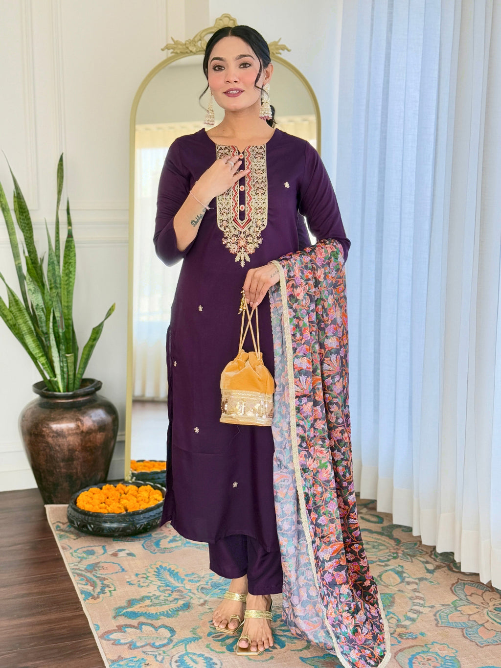 Women’s Purple Rayon Embroidered Straight Kurta Set with Pant & Silk Chiffon Embroidered Lace Dupatta