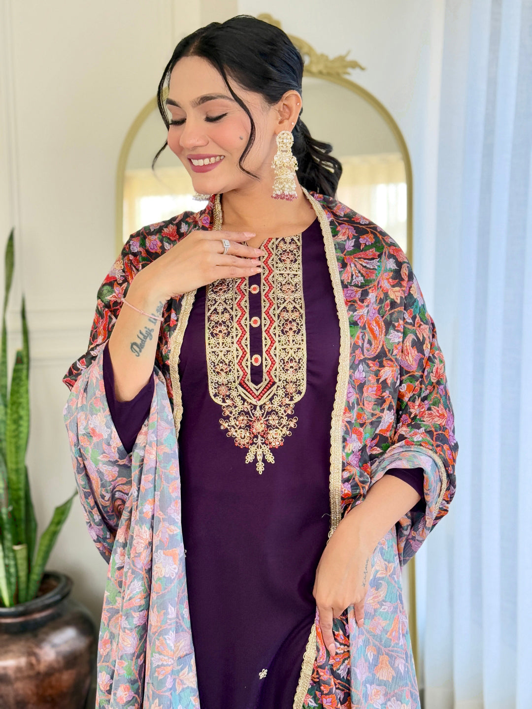 Women’s Purple Rayon Embroidered Straight Kurta Set with Pant & Silk Chiffon Embroidered Lace Dupatta