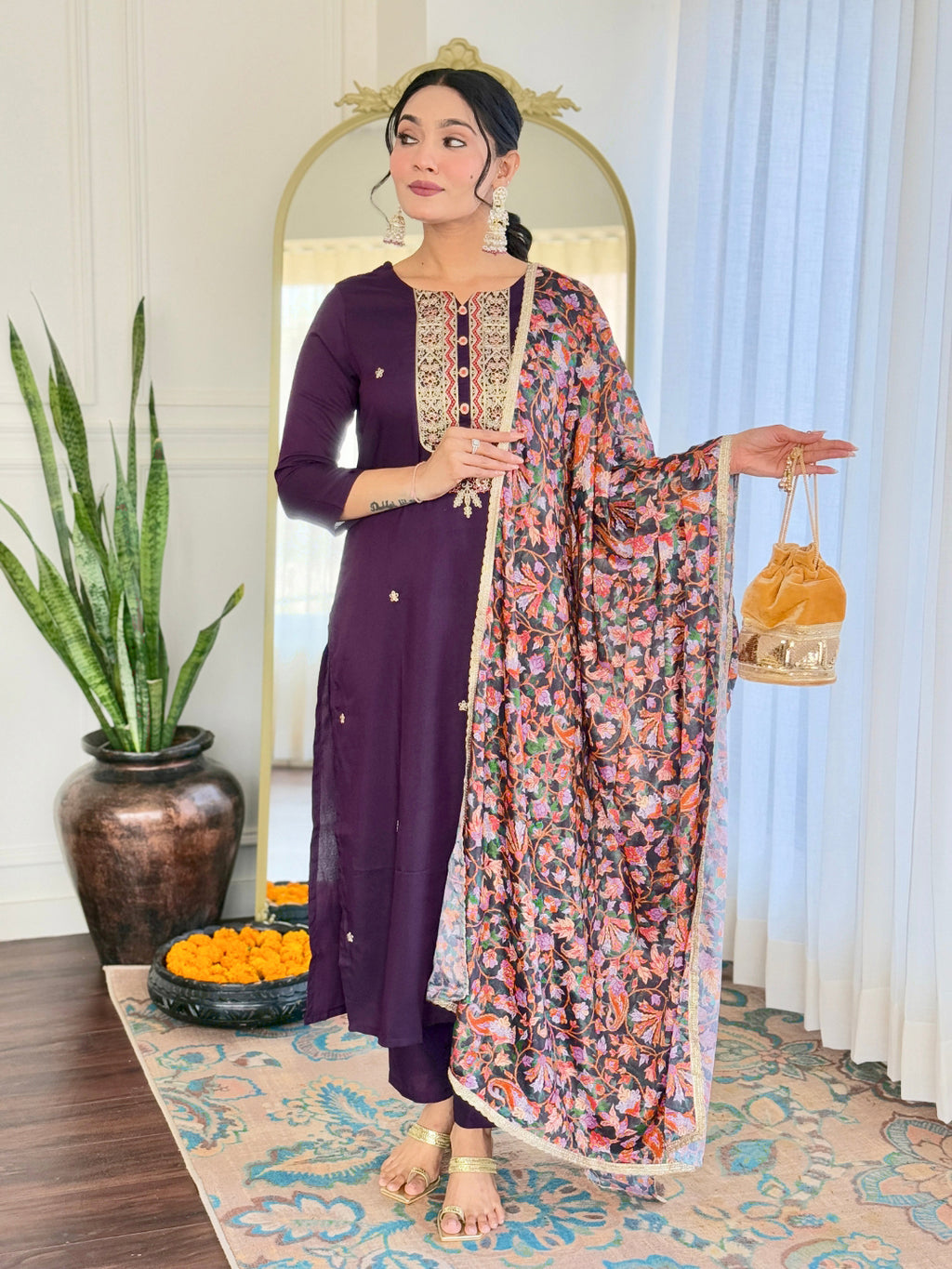 Women’s Purple Rayon Embroidered Straight Kurta Set with Pant & Silk Chiffon Embroidered Lace Dupatta