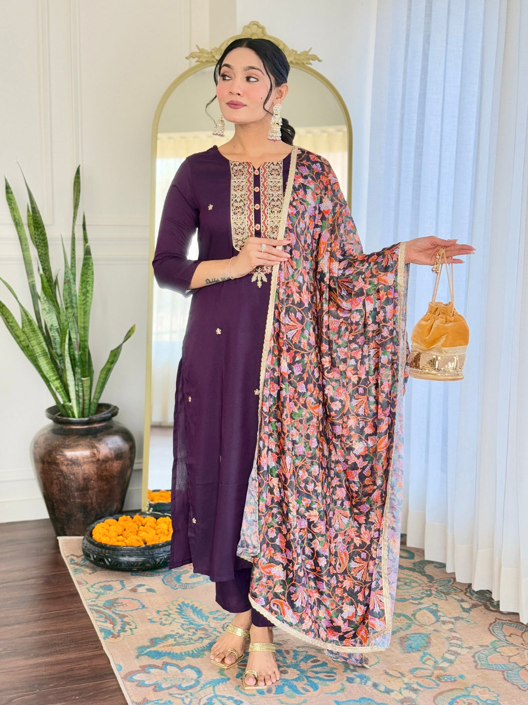 Women’s Purple Rayon Embroidered Straight Kurta Set with Pant & Silk Chiffon Embroidered Lace Dupatta