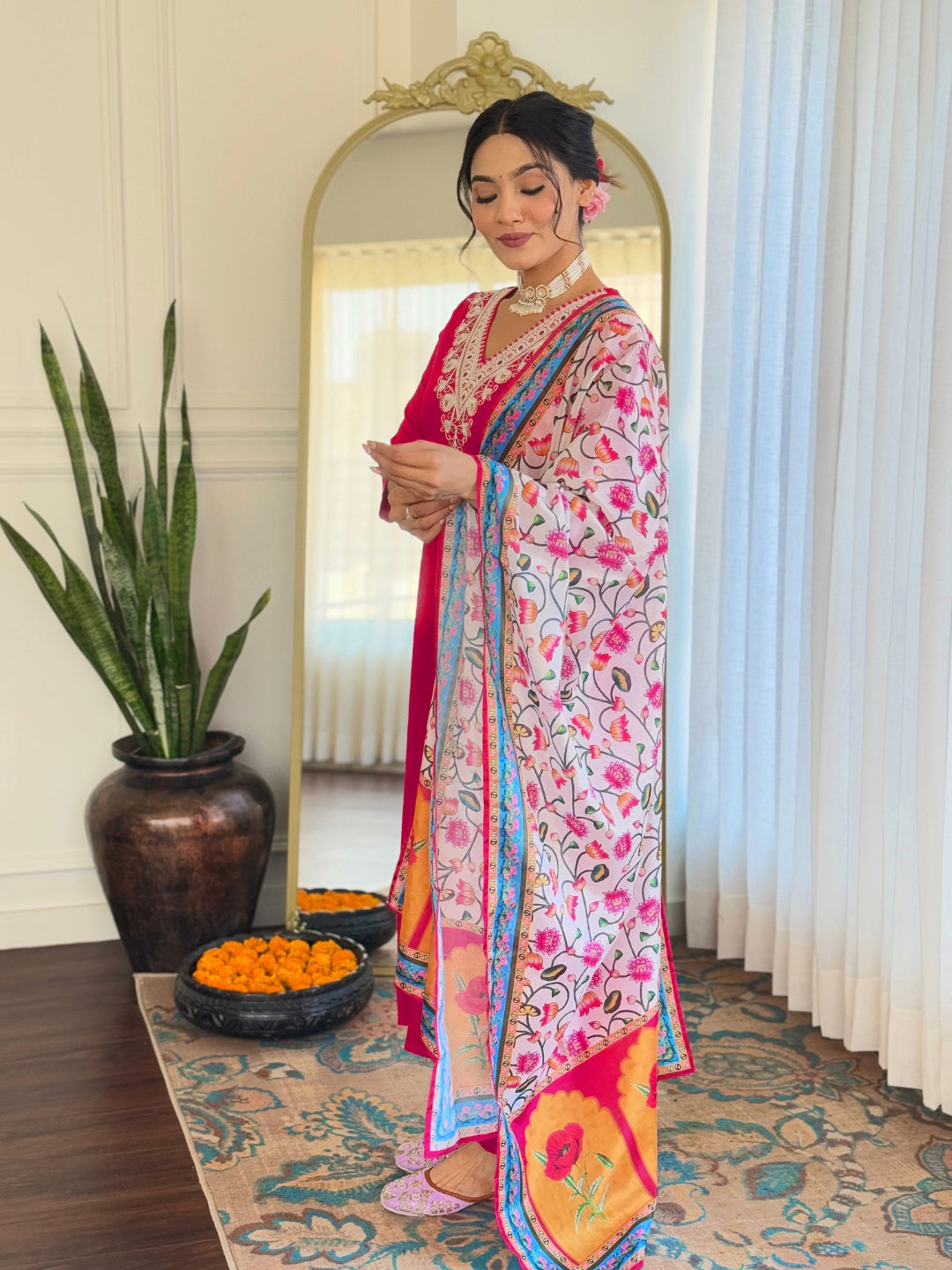 Women’s Rani Pink Rayon Embroidered Straight Kurta Set with Rayon Pant & Silk Chiffon Printed Dupatta
