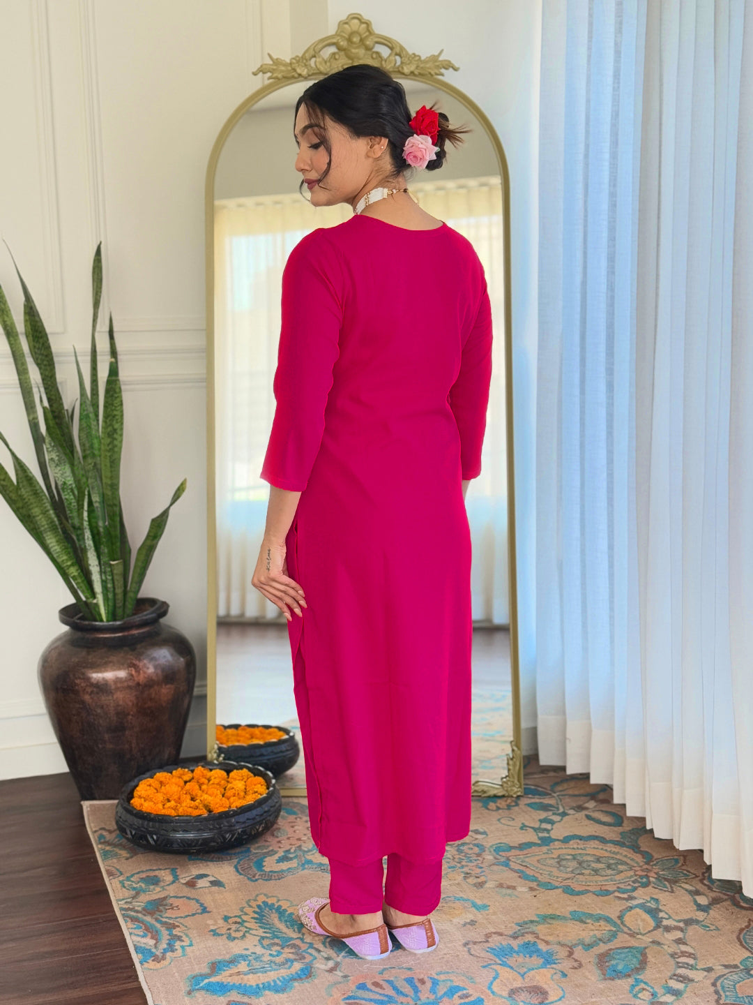 Women’s Rani Pink Rayon Embroidered Straight Kurta Set with Rayon Pant & Silk Chiffon Printed Dupatta