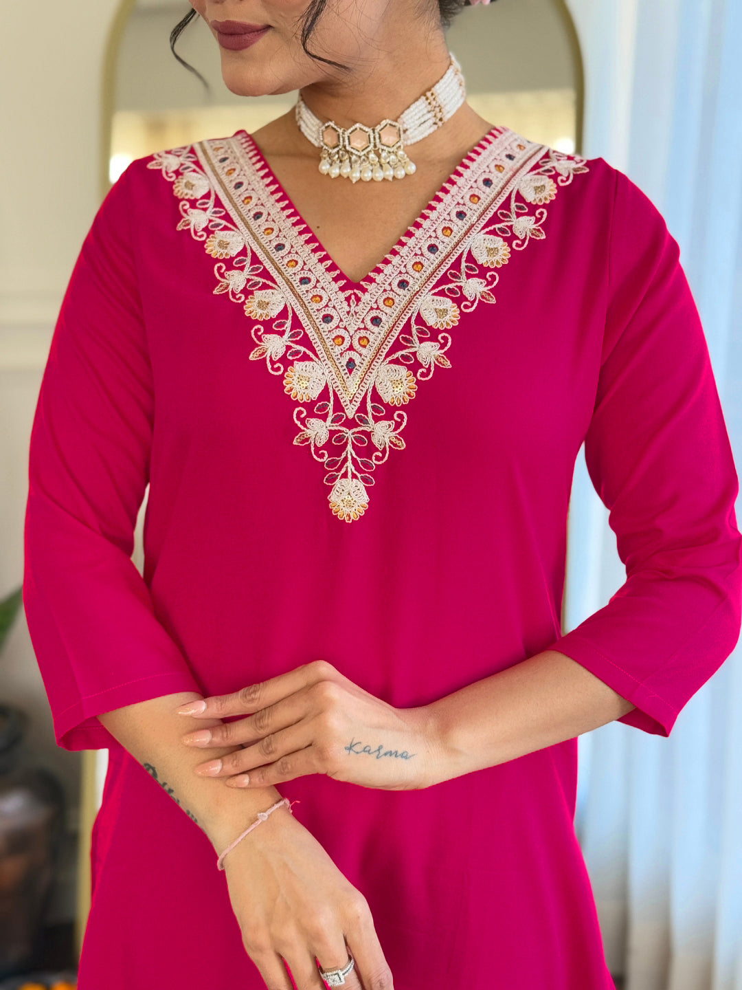 Women’s Rani Pink Rayon Embroidered Straight Kurta Set with Rayon Pant & Silk Chiffon Printed Dupatta