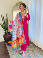 Women’s Rani Pink Rayon Embroidered Straight Kurta Set with Rayon Pant & Silk Chiffon Printed Dupatta