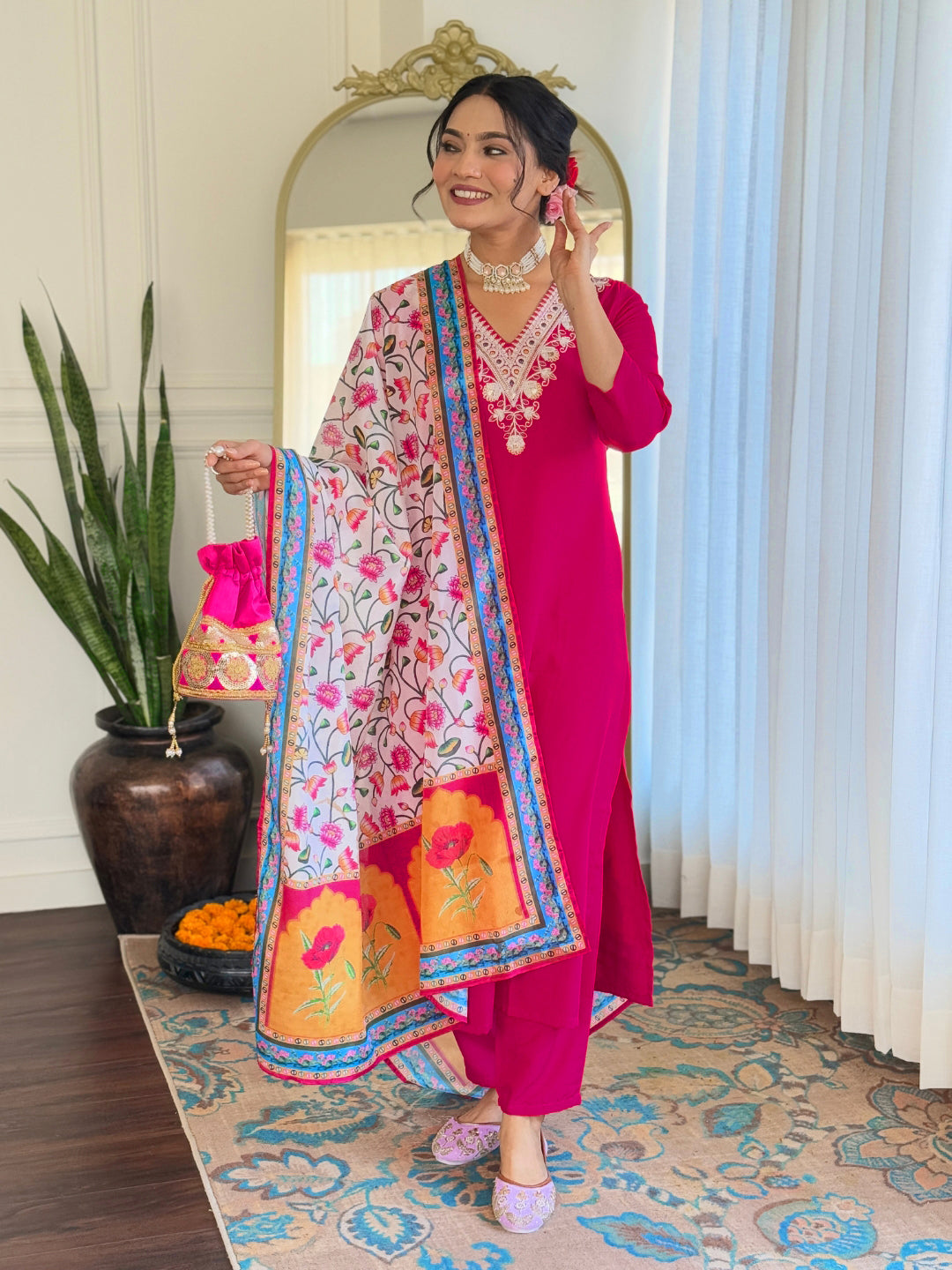Women’s Rani Pink Rayon Embroidered Straight Kurta Set with Rayon Pant & Silk Chiffon Printed Dupatta
