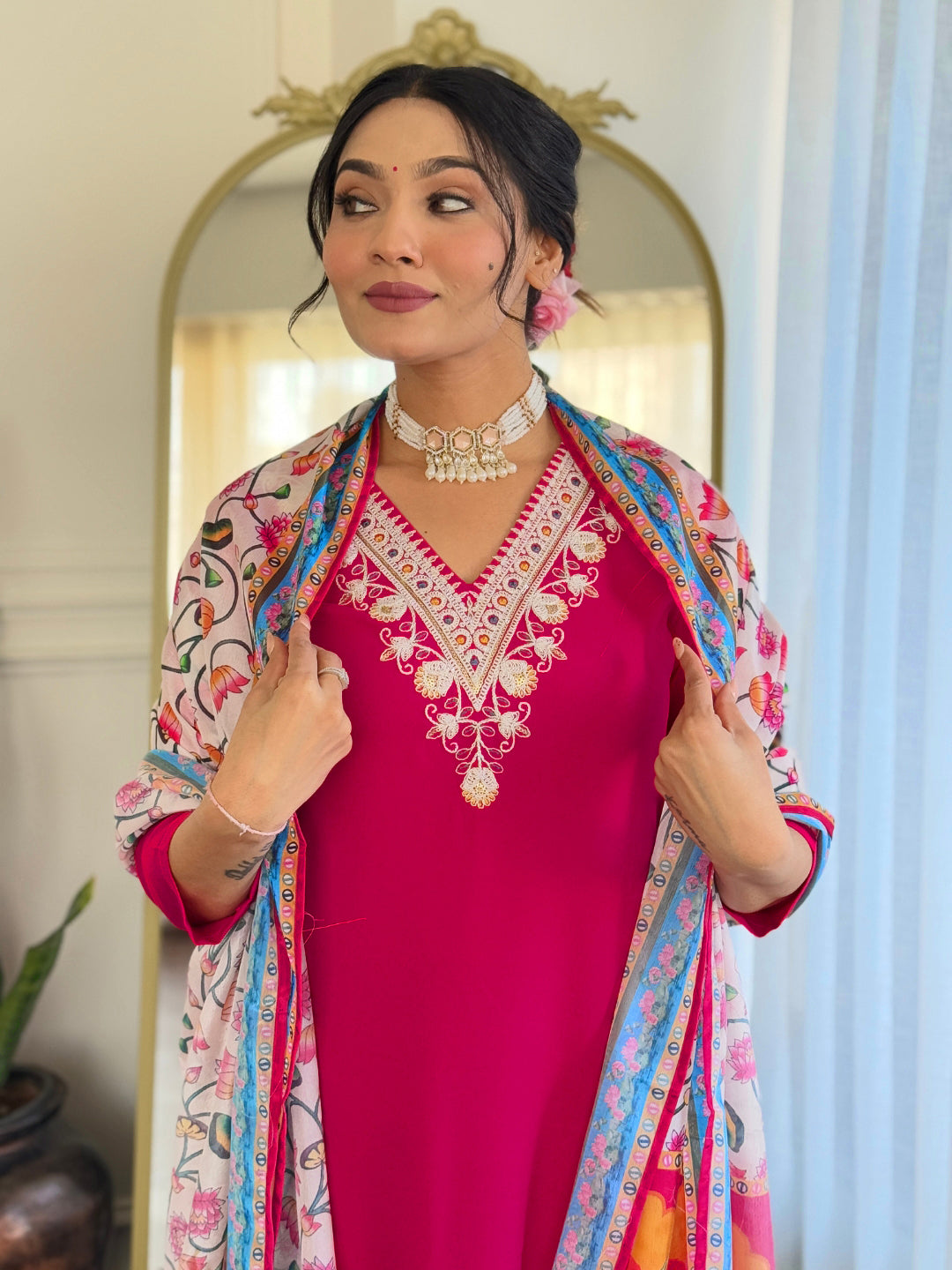 Women’s Rani Pink Rayon Embroidered Straight Kurta Set with Rayon Pant & Silk Chiffon Printed Dupatta