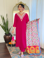 Women’s Rani Pink Rayon Embroidered Straight Kurta Set with Rayon Pant & Silk Chiffon Printed Dupatta