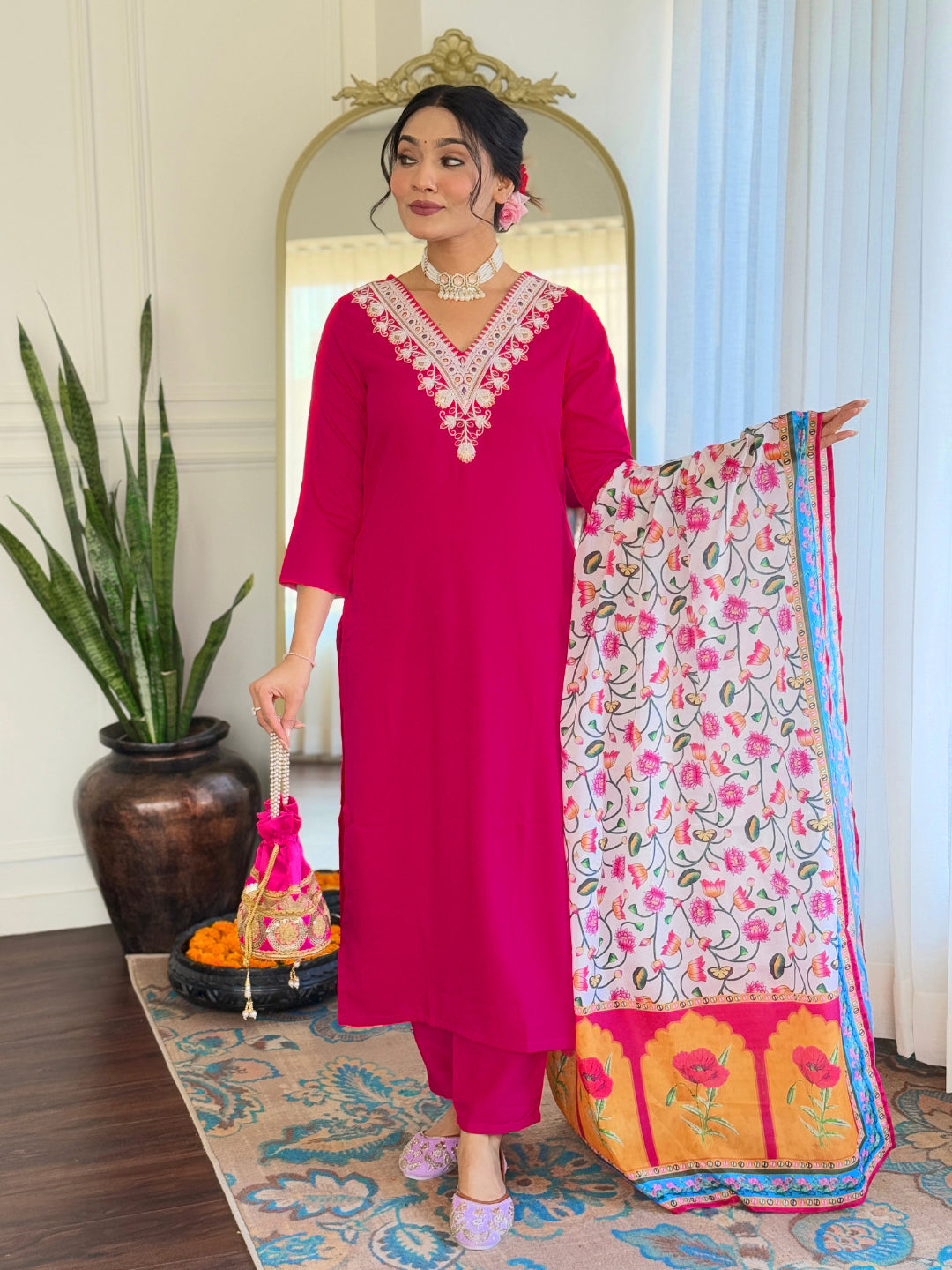 Women’s Rani Pink Rayon Embroidered Straight Kurta Set with Rayon Pant & Silk Chiffon Printed Dupatta