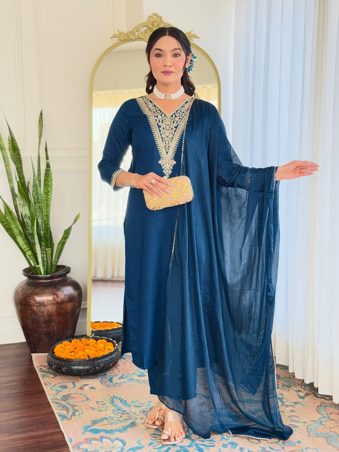 Women’s Navy Blue Rayon Embroidered Straight Kurta Set with Pant & Silk Chiffon Printed Dupatta