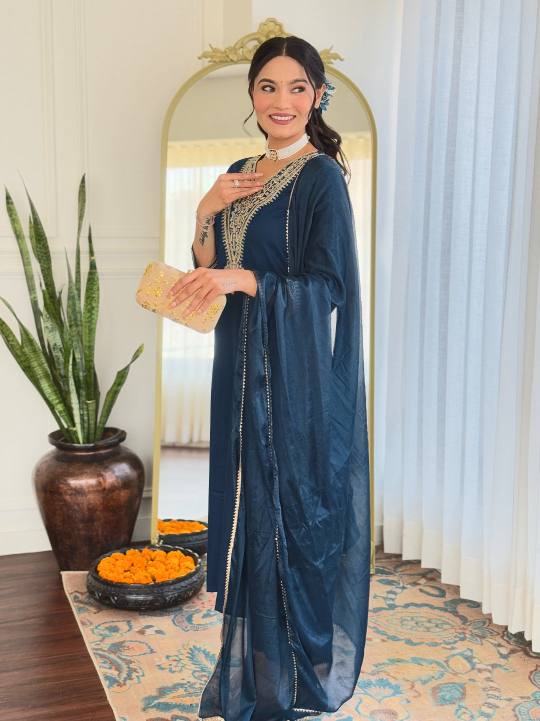 Women’s Navy Blue Rayon Embroidered Straight Kurta Set with Pant & Silk Chiffon Printed Dupatta
