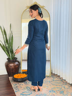 Women’s Navy Blue Rayon Embroidered Straight Kurta Set with Pant & Silk Chiffon Printed Dupatta