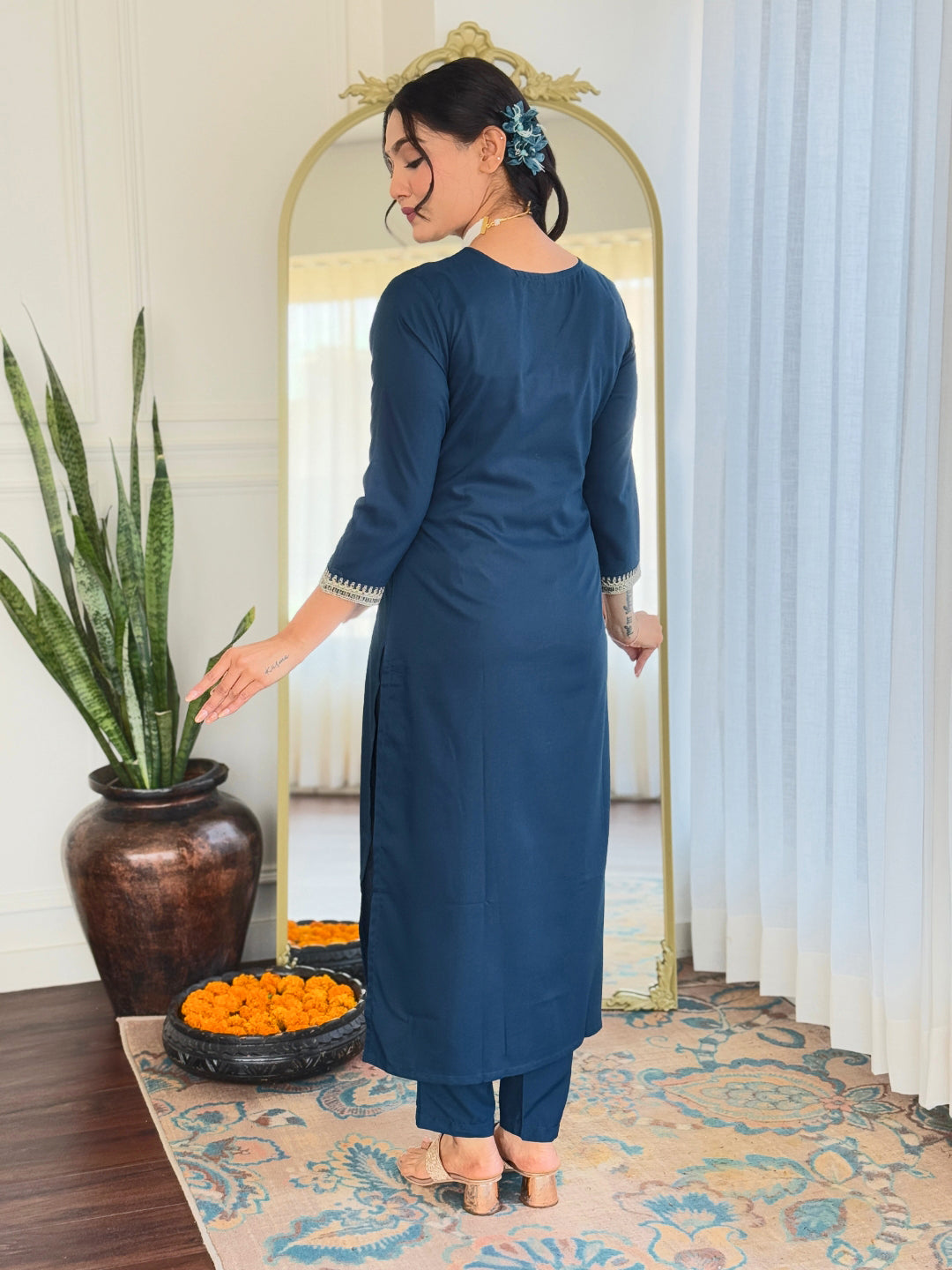 Women’s Navy Blue Rayon Embroidered Straight Kurta Set with Pant & Silk Chiffon Printed Dupatta