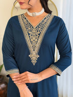 Women’s Navy Blue Rayon Embroidered Straight Kurta Set with Pant & Silk Chiffon Printed Dupatta