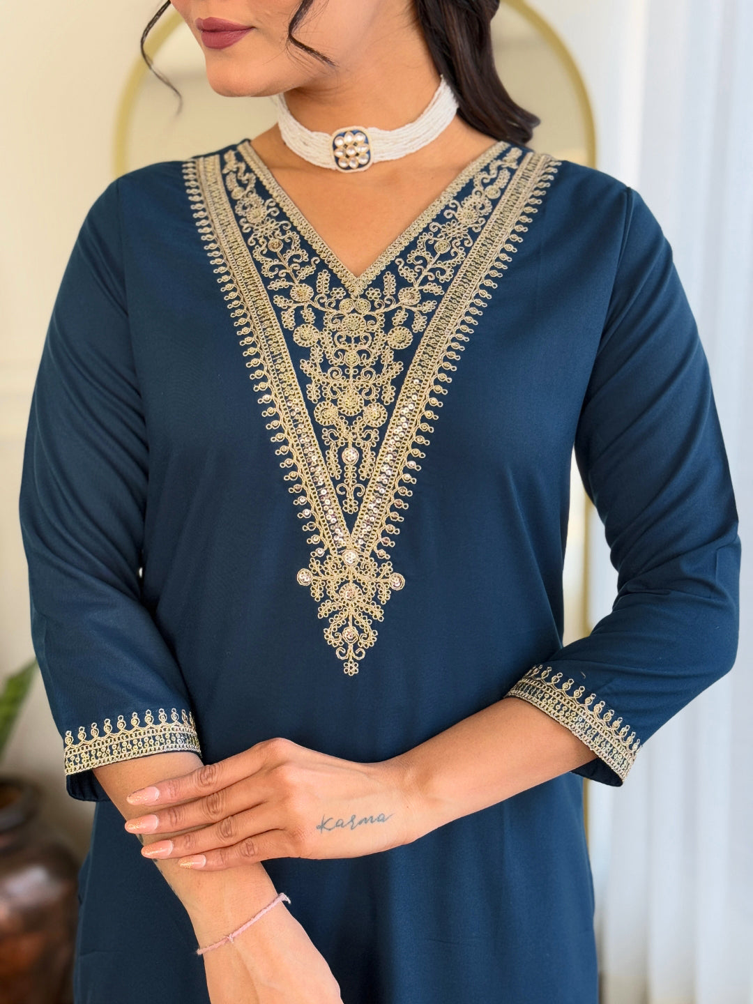 Women’s Navy Blue Rayon Embroidered Straight Kurta Set with Pant & Silk Chiffon Printed Dupatta