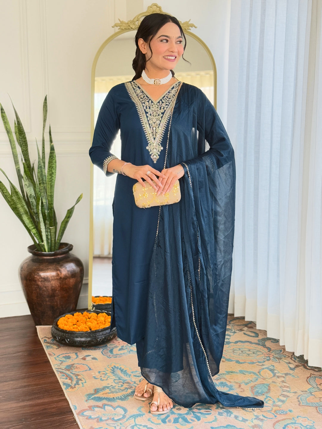 Women’s Navy Blue Rayon Embroidered Straight Kurta Set with Pant & Silk Chiffon Printed Dupatta
