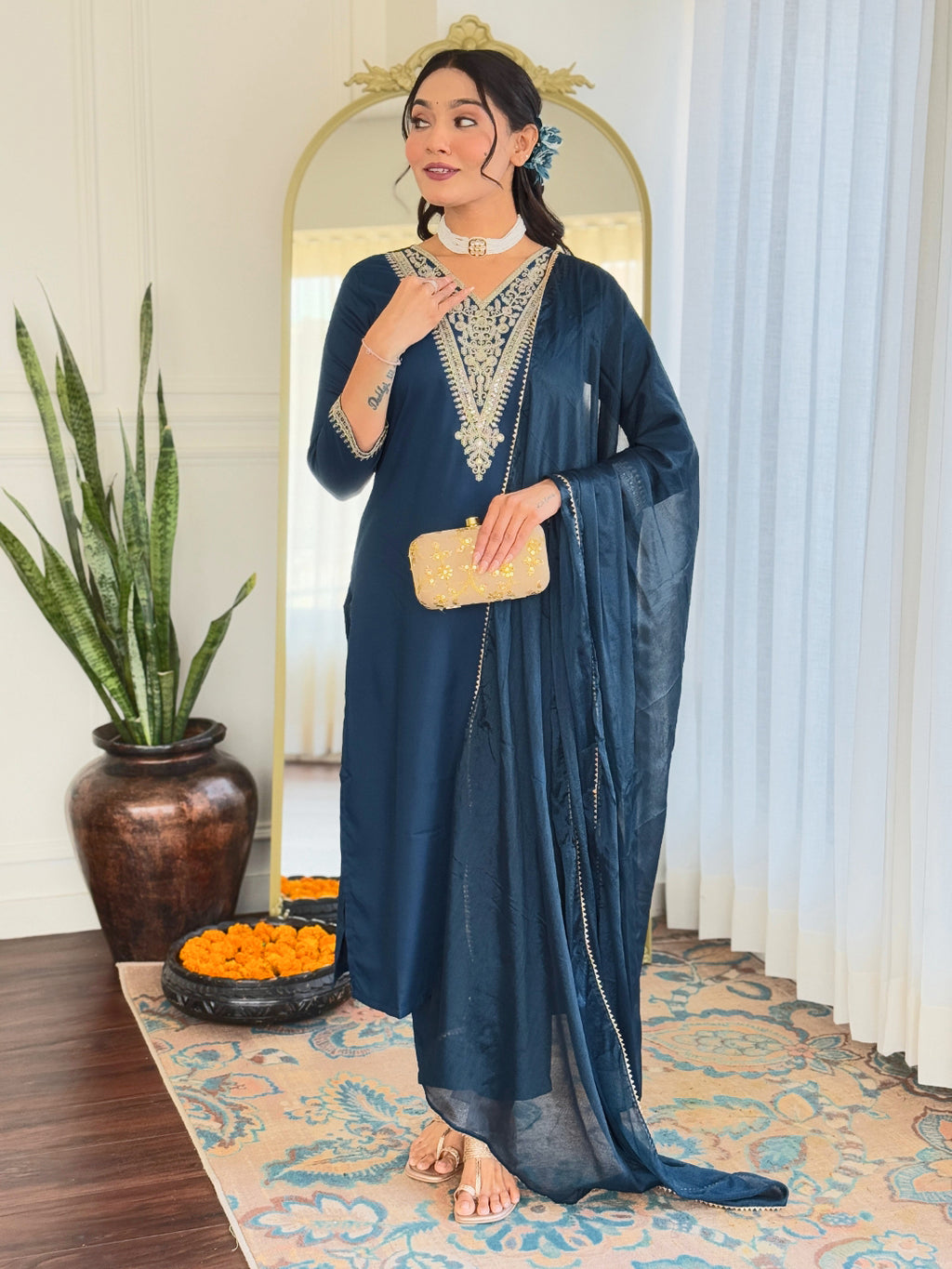Women’s Navy Blue Rayon Embroidered Straight Kurta Set with Pant & Silk Chiffon Printed Dupatta