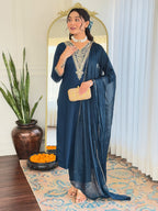 Women’s Navy Blue Rayon Embroidered Straight Kurta Set with Pant & Silk Chiffon Printed Dupatta