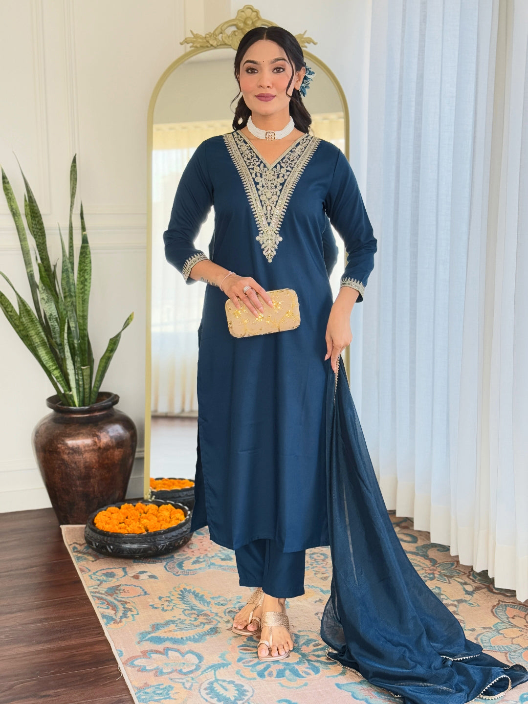 Women’s Navy Blue Rayon Embroidered Straight Kurta Set with Pant & Silk Chiffon Printed Dupatta