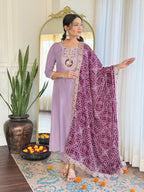 Women’s Lavender Embroidered Kurta Set in BSY Viscose with Silk Blend Lace Dupatta