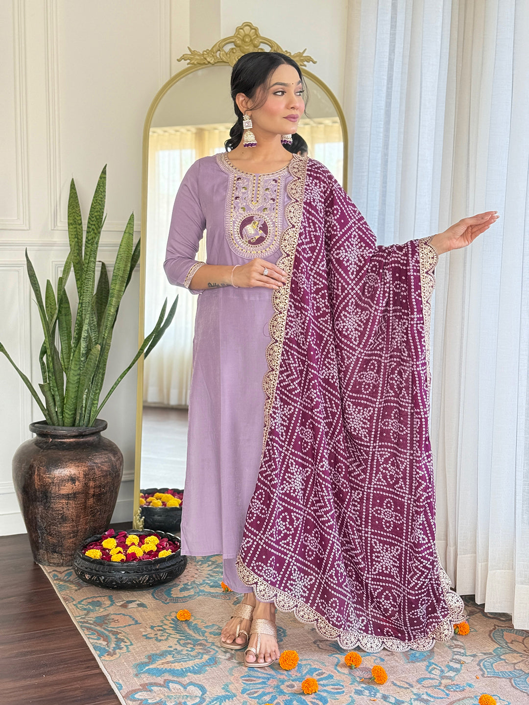 Women’s Lavender Embroidered Kurta Set in BSY Viscose with Silk Blend Lace Dupatta