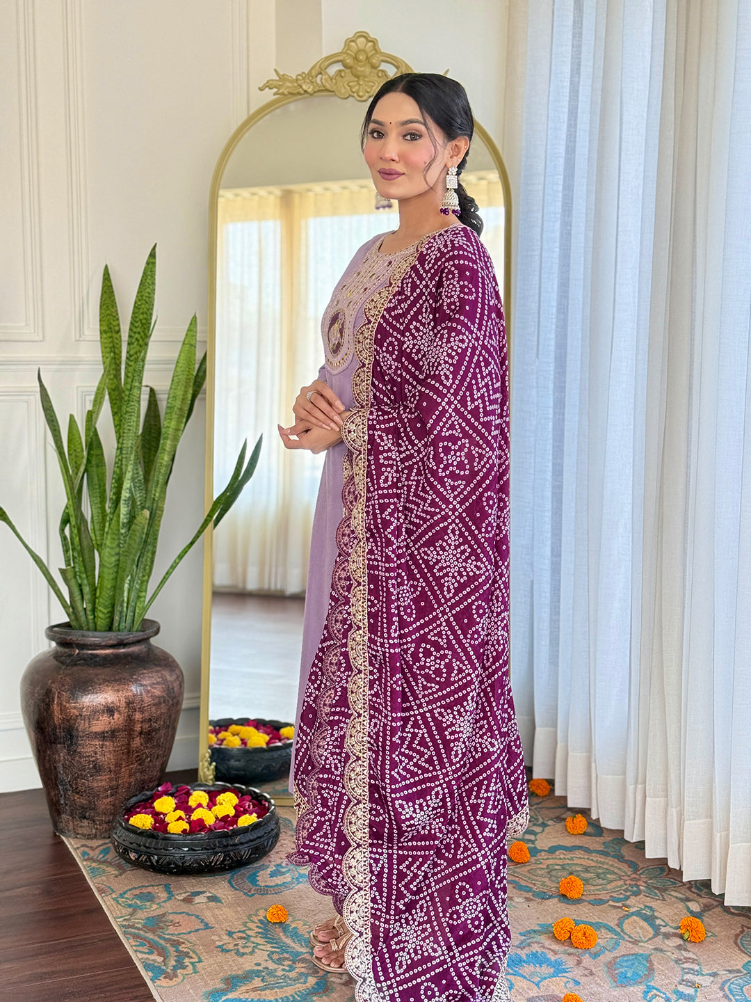 Women’s Lavender Embroidered Kurta Set in BSY Viscose with Silk Blend Lace Dupatta