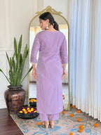 Women’s Lavender Embroidered Kurta Set in BSY Viscose with Silk Blend Lace Dupatta