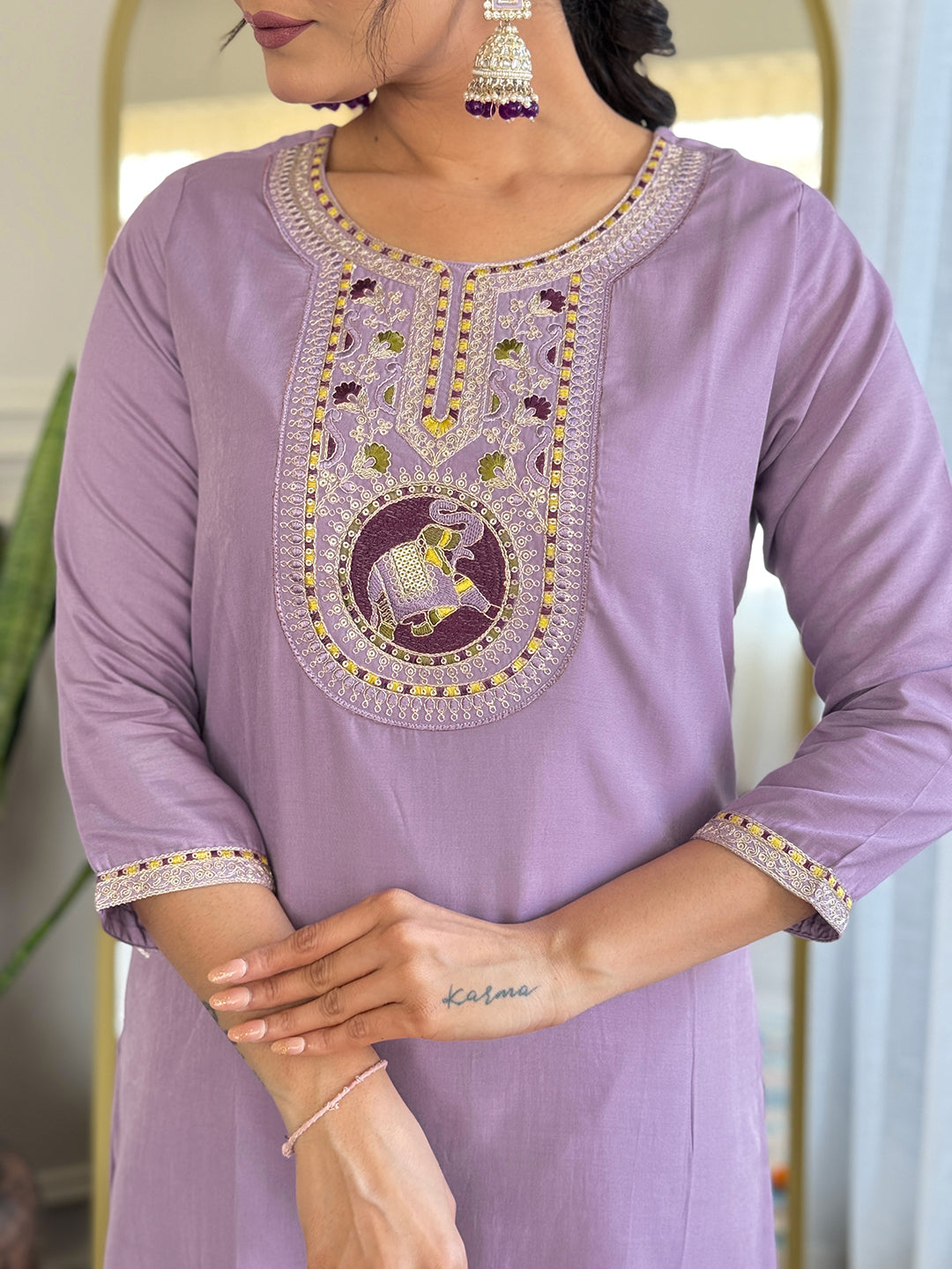 Women’s Lavender Embroidered Kurta Set in BSY Viscose with Silk Blend Lace Dupatta