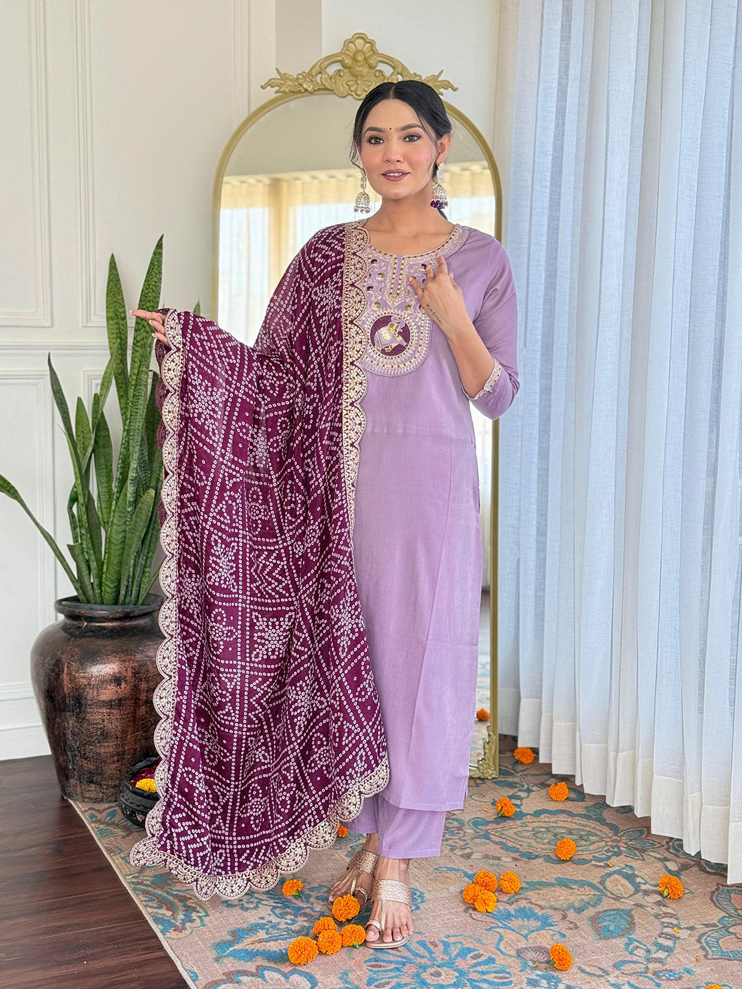 Women’s Lavender Embroidered Kurta Set in BSY Viscose with Silk Blend Lace Dupatta