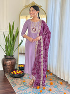 Women’s Lavender Embroidered Kurta Set in BSY Viscose with Silk Blend Lace Dupatta