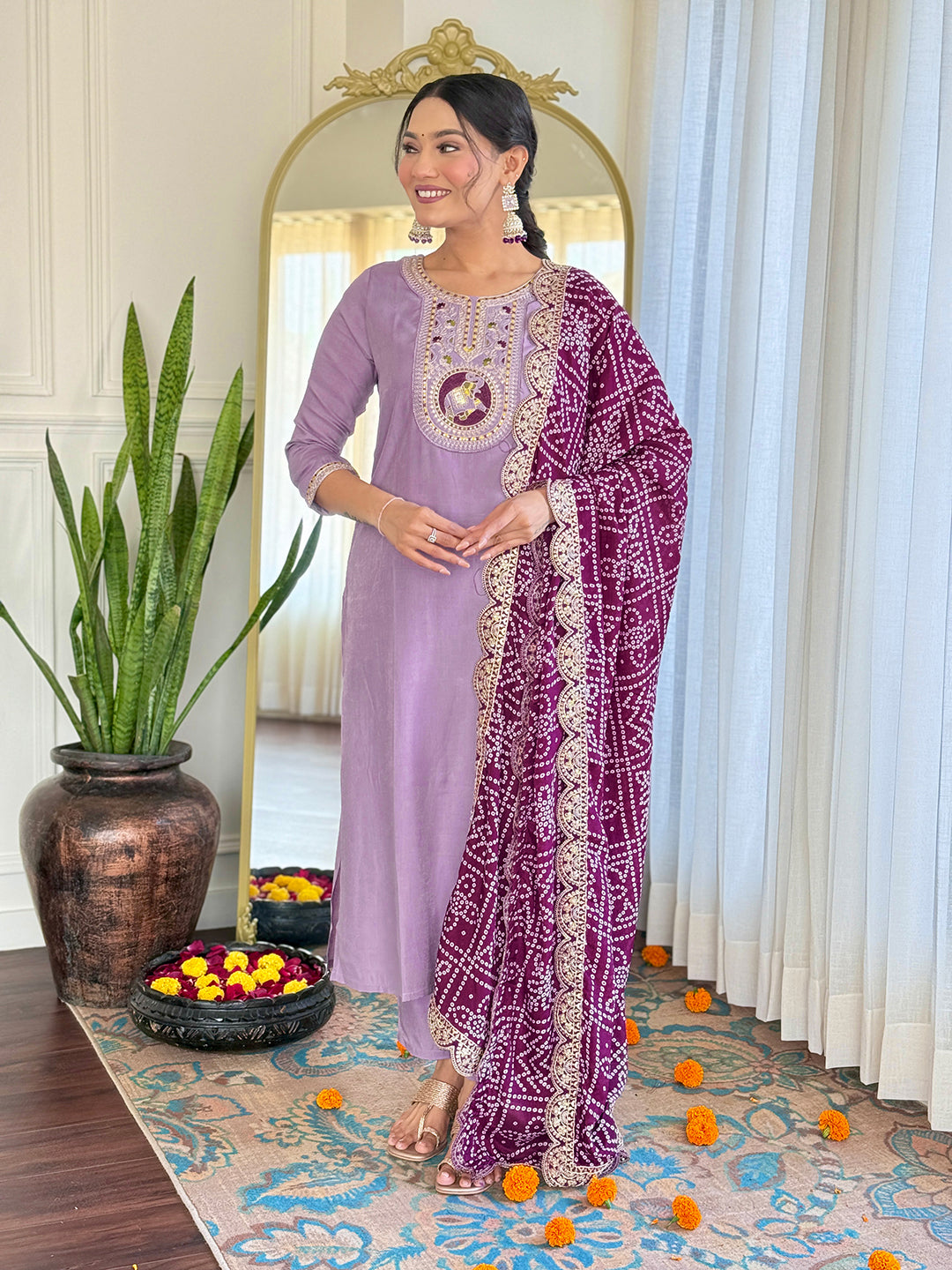 Women’s Lavender Embroidered Kurta Set in BSY Viscose with Silk Blend Lace Dupatta