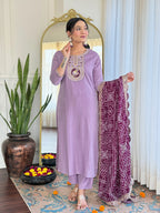 Women’s Lavender Embroidered Kurta Set in BSY Viscose with Silk Blend Lace Dupatta