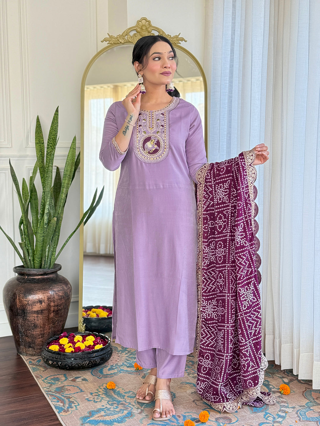 Women’s Lavender Embroidered Kurta Set in BSY Viscose with Silk Blend Lace Dupatta