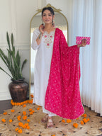 Women’s White Viscose Embroidered Straight Kurta Set with BSY Pant & Silk Blend Laced Dupatta