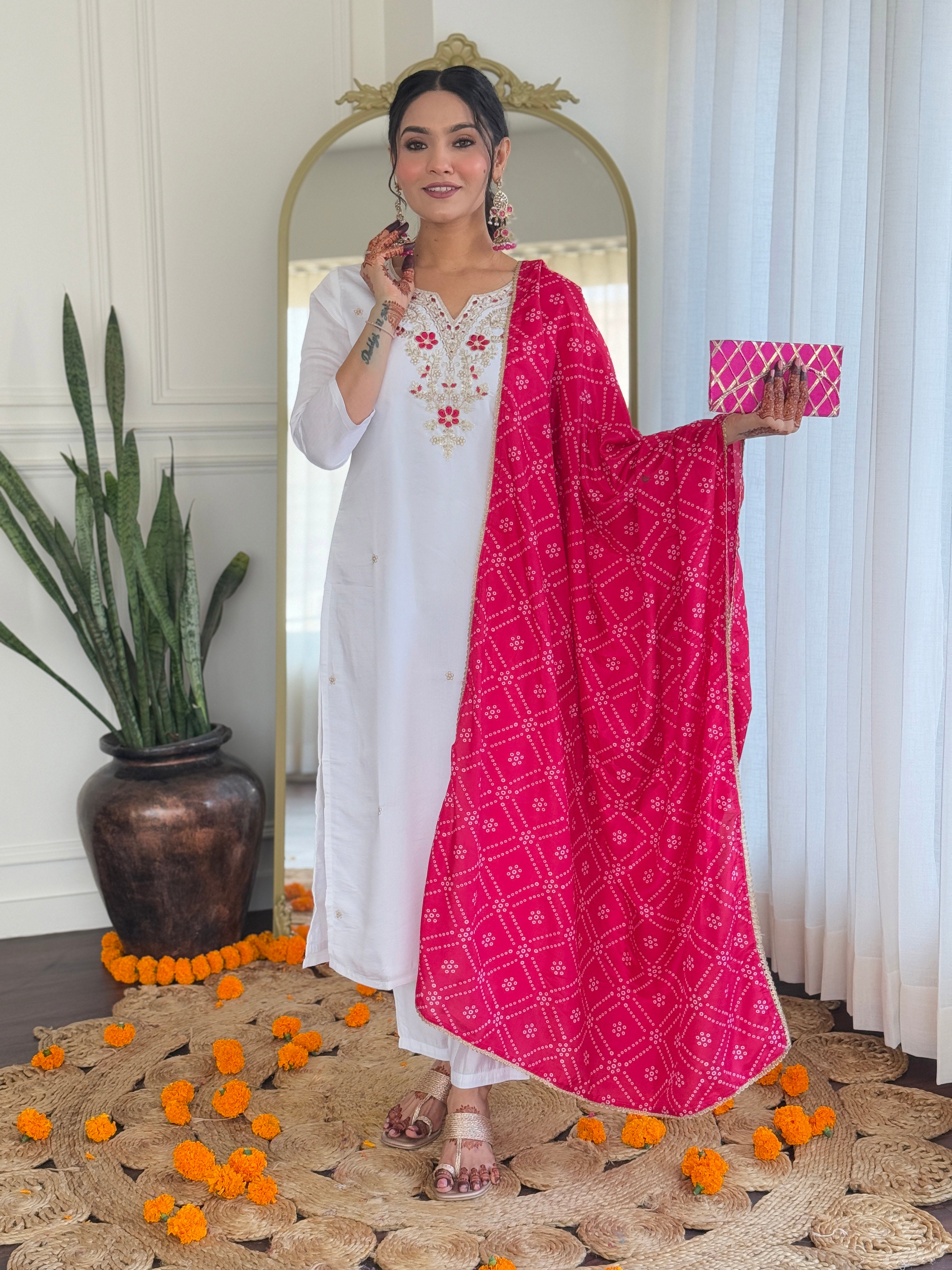 Women’s White Viscose Embroidered Straight Kurta Set with BSY Pant & Silk Blend Laced Dupatta