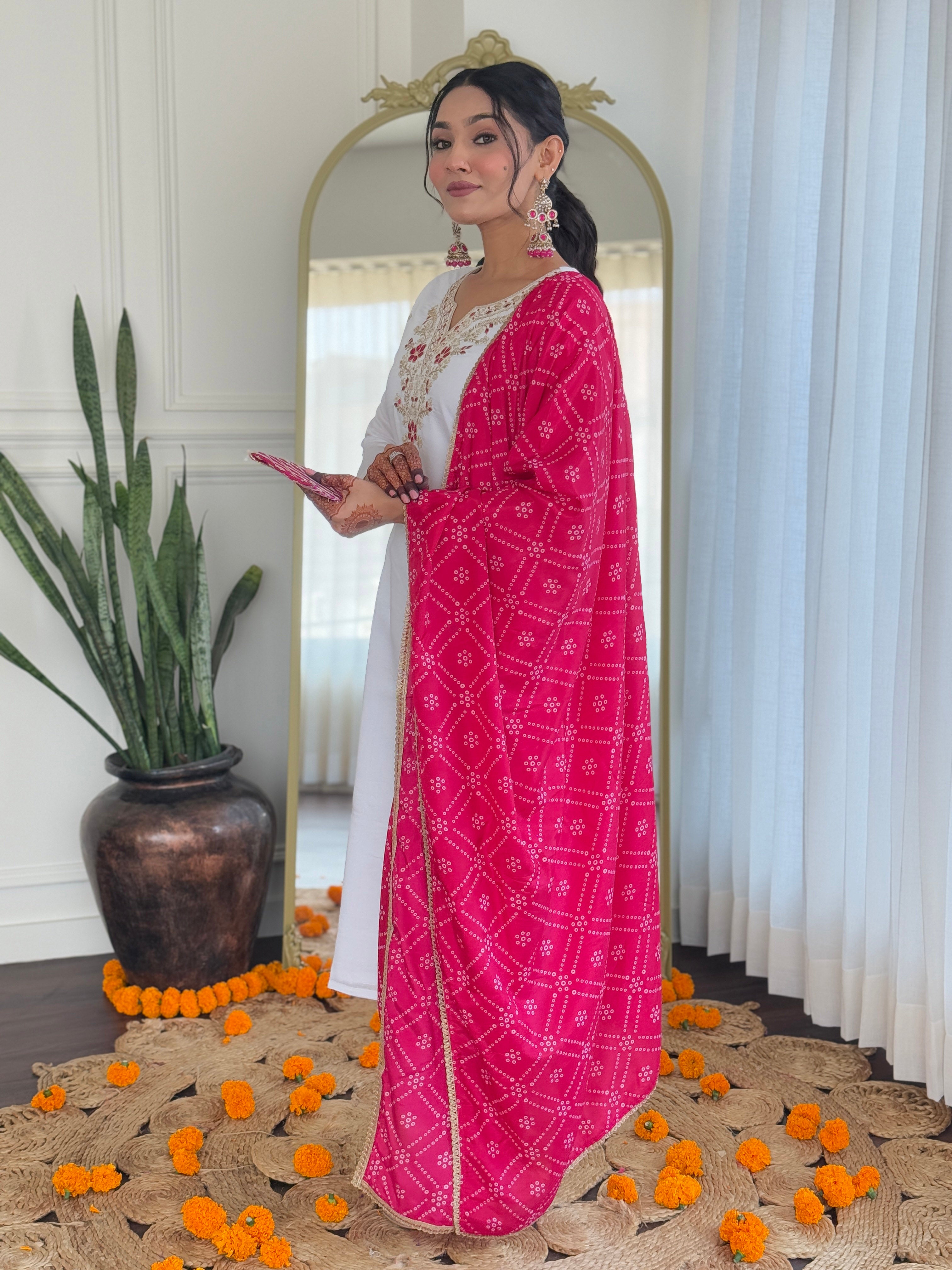 Women’s White Viscose Embroidered Straight Kurta Set with BSY Pant & Silk Blend Laced Dupatta