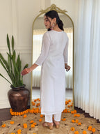 Women’s White Viscose Embroidered Straight Kurta Set with BSY Pant & Silk Blend Laced Dupatta