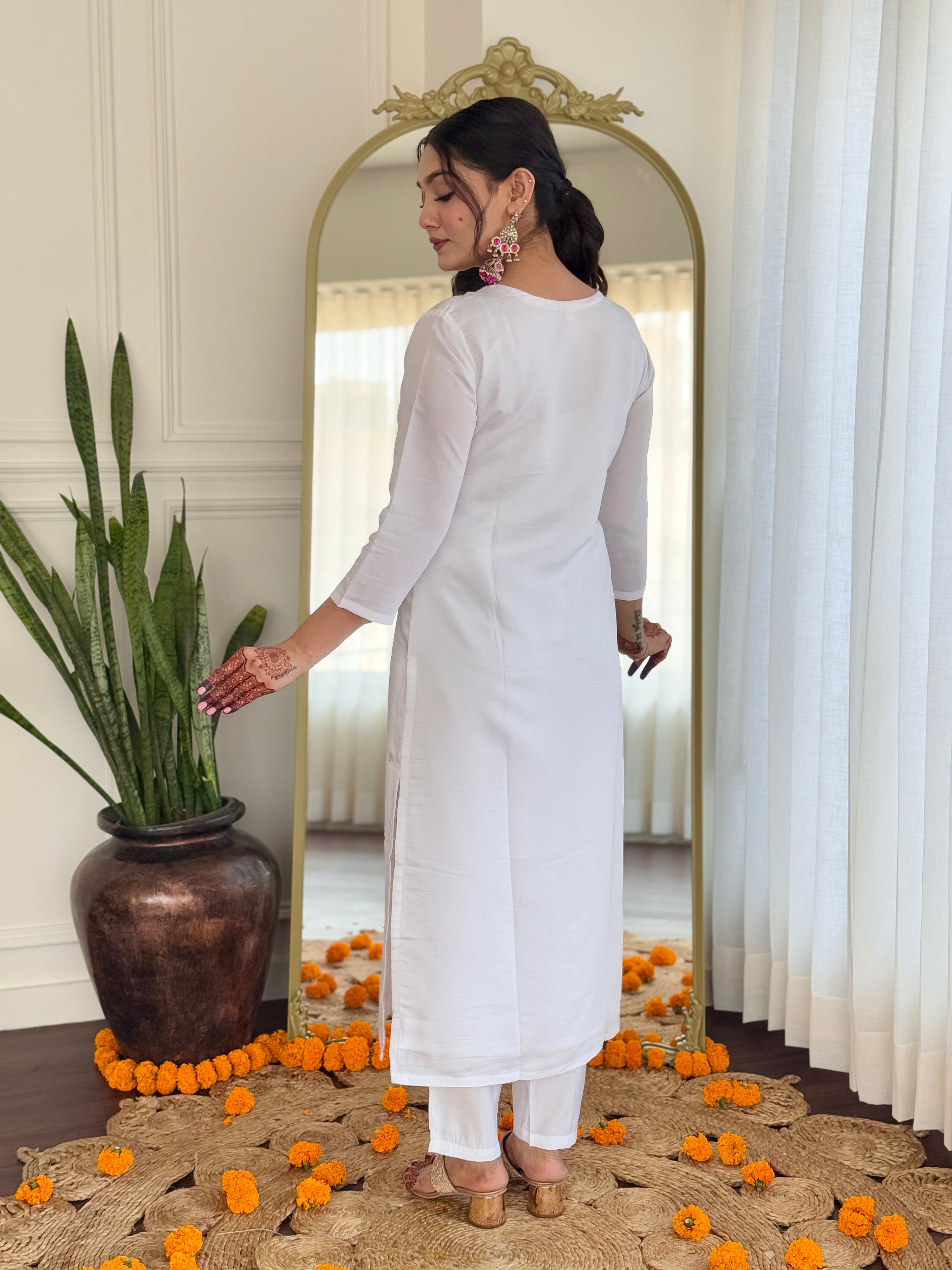 Women’s White Viscose Embroidered Straight Kurta Set with BSY Pant & Silk Blend Laced Dupatta
