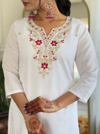Women’s White Viscose Embroidered Straight Kurta Set with BSY Pant & Silk Blend Laced Dupatta