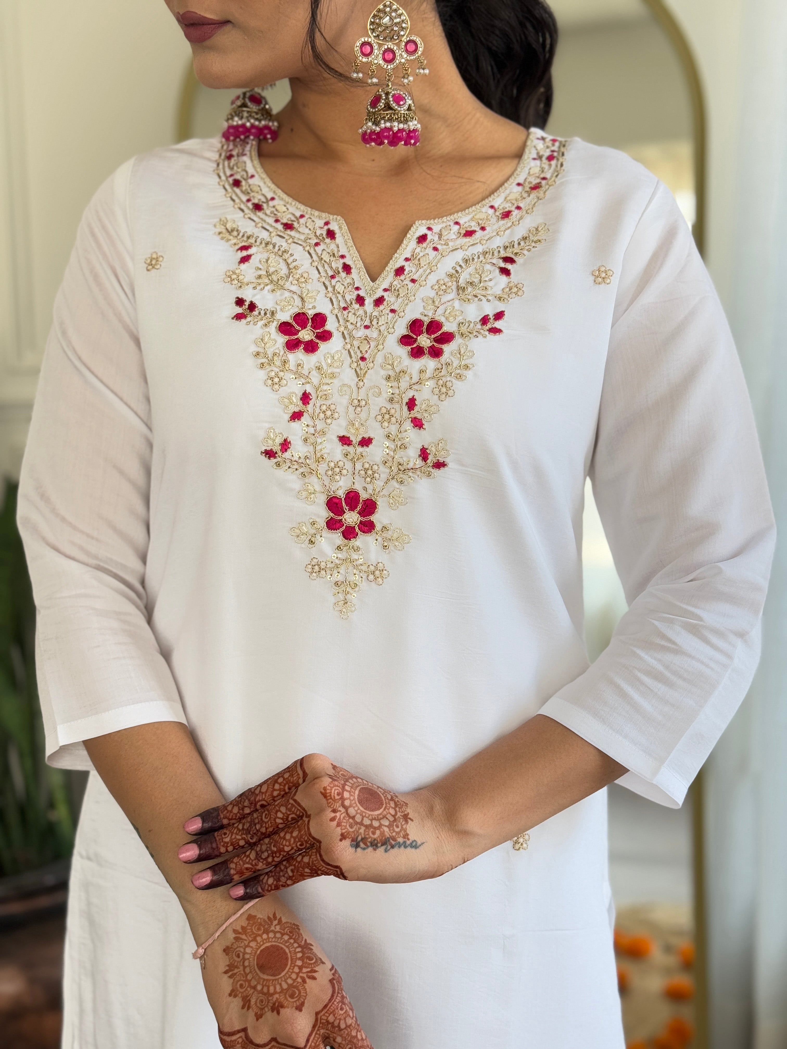Women’s White Viscose Embroidered Straight Kurta Set with BSY Pant & Silk Blend Laced Dupatta