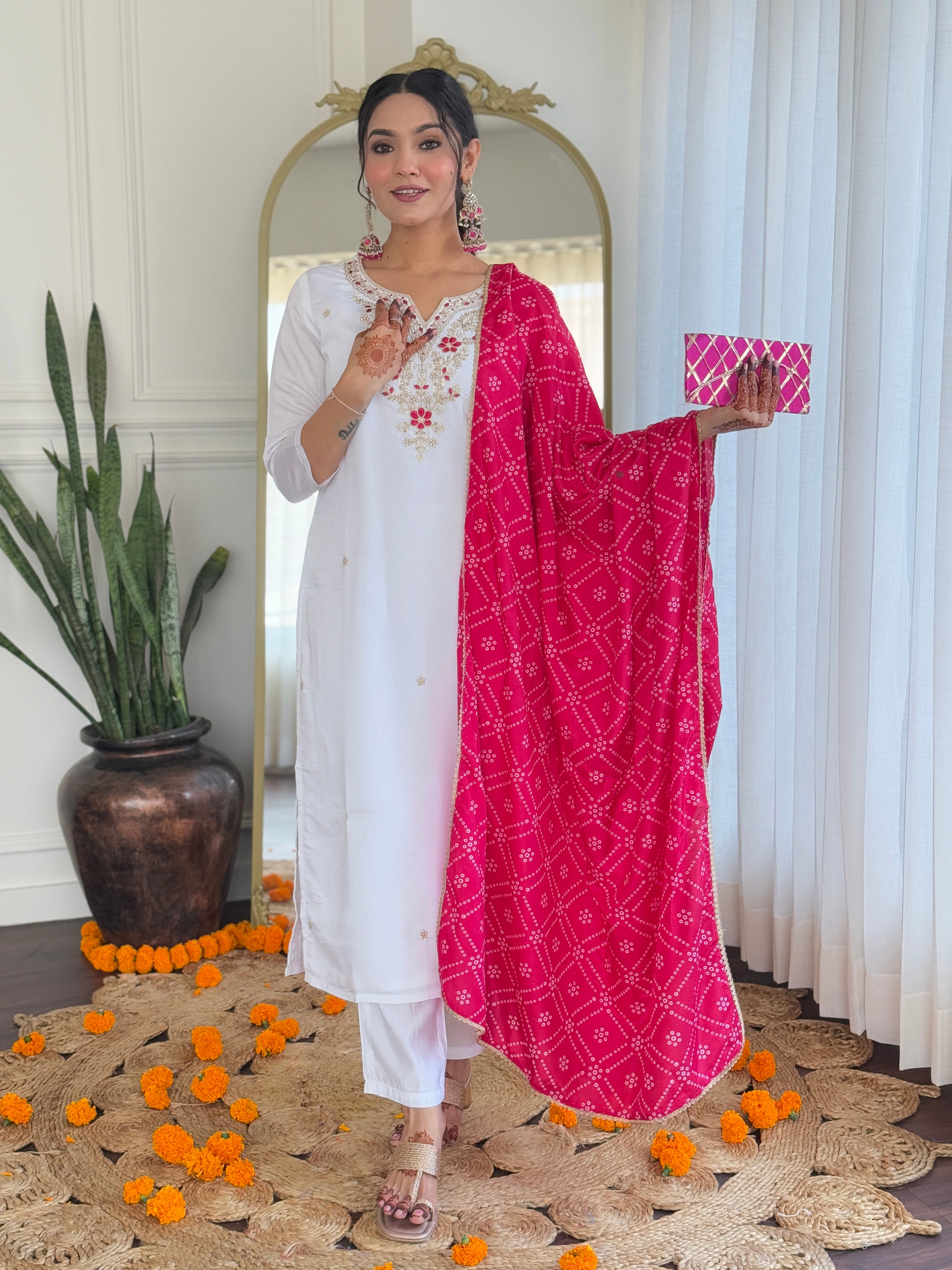 Women’s White Viscose Embroidered Straight Kurta Set with BSY Pant & Silk Blend Laced Dupatta