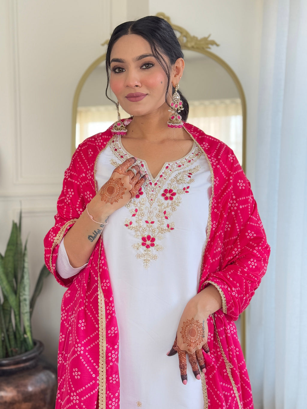 Women’s White Viscose Embroidered Straight Kurta Set with BSY Pant & Silk Blend Laced Dupatta