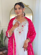 Women’s White Viscose Embroidered Straight Kurta Set with BSY Pant & Silk Blend Laced Dupatta