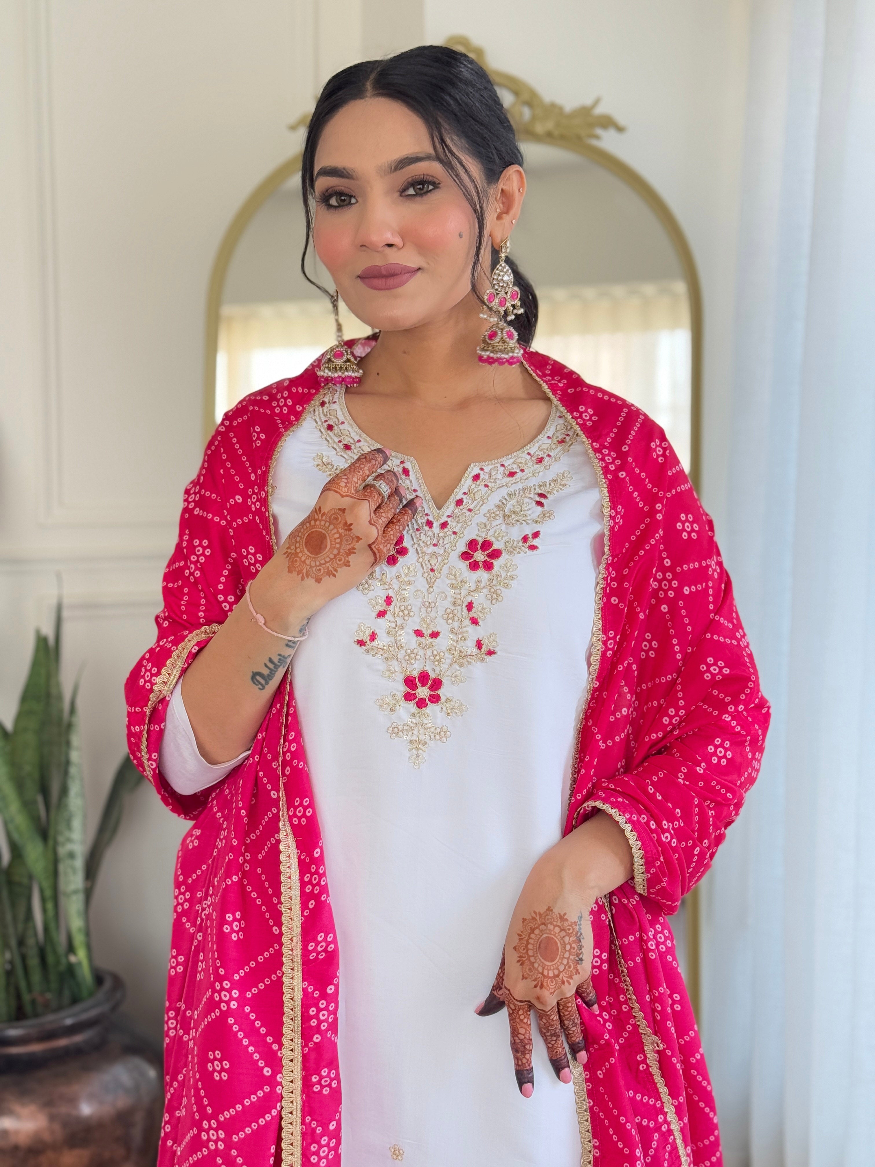Women’s White Viscose Embroidered Straight Kurta Set with BSY Pant & Silk Blend Laced Dupatta