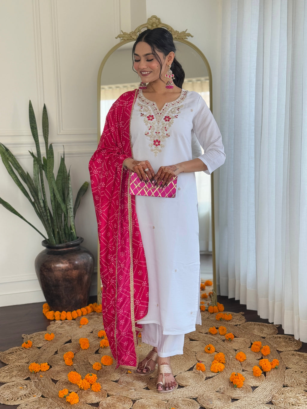 Women’s White Viscose Embroidered Straight Kurta Set with BSY Pant & Silk Blend Laced Dupatta