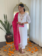 Women’s White Viscose Embroidered Straight Kurta Set with BSY Pant & Silk Blend Laced Dupatta